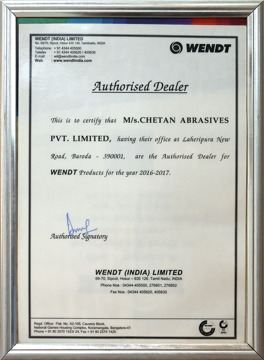 WENDT Authorised Dealer Certificate