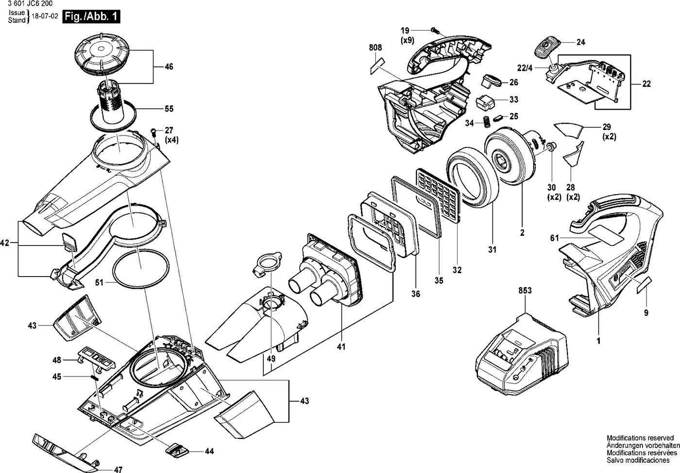 Bosch GAS 18V-1 exploded view diagram 1 with part item numbers