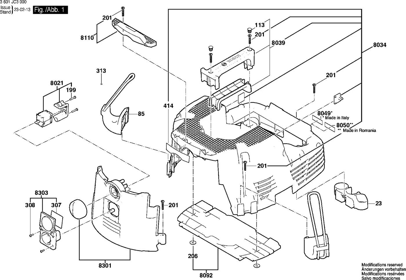 Bosch GAS 35 L SFC exploded view diagram 1 with part item numbers