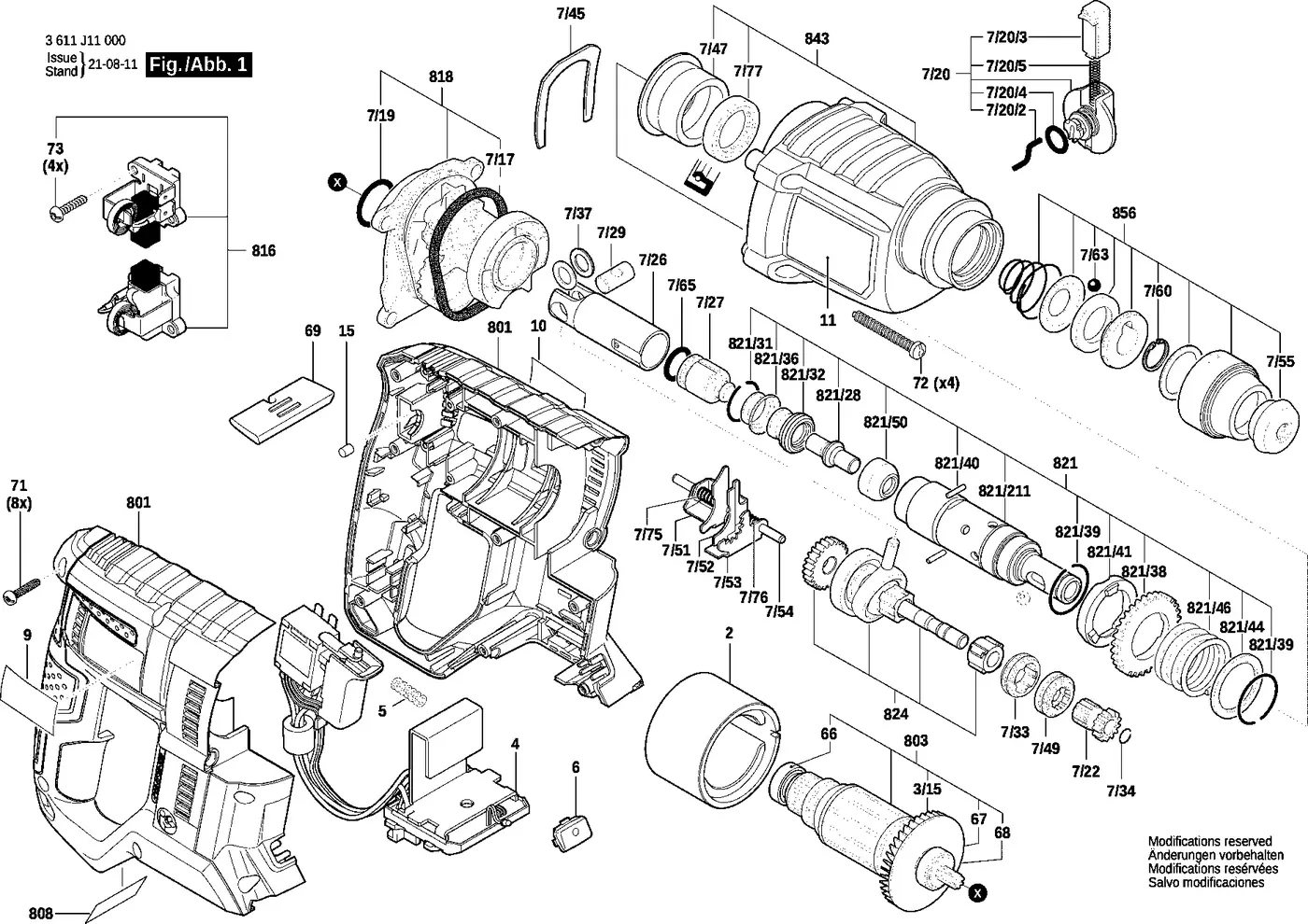 Bosch GBH 180-LI exploded view diagram 1 with part item numbers