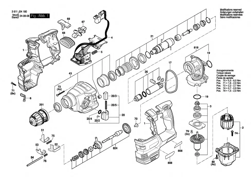 Bosch GBH 18V-22 X exploded view diagram 1 with part item numbers