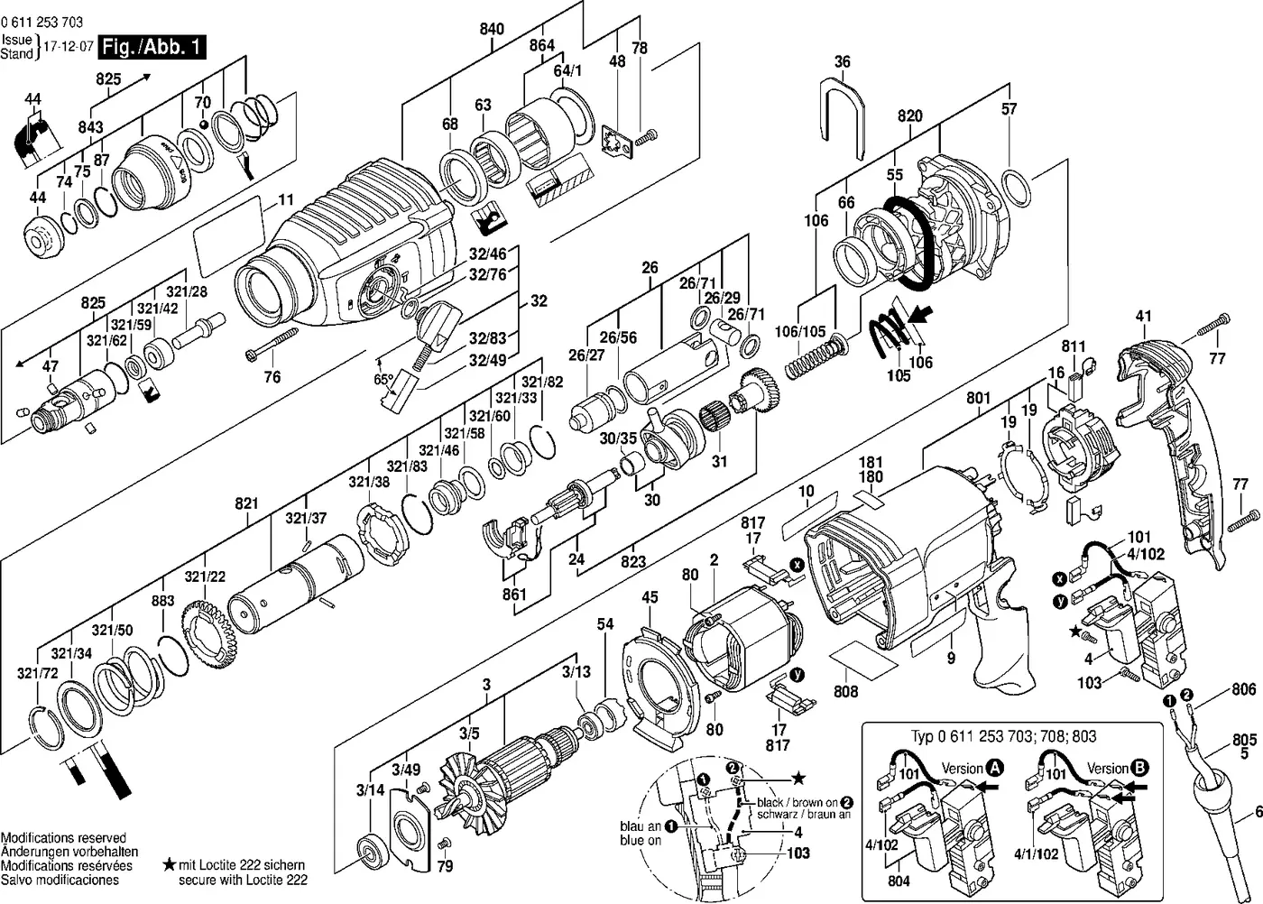 Bosch GBH 2-26 DRE exploded view diagram 1 with part item numbers