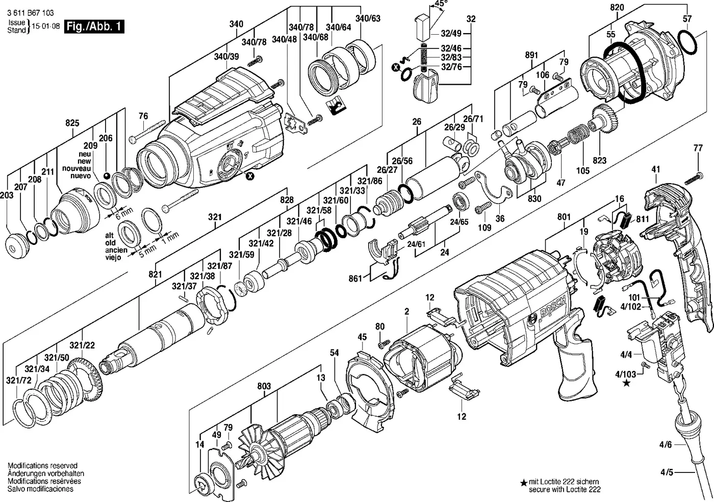 Bosch GBH 2-28 DV exploded view diagram 1 with part item numbers