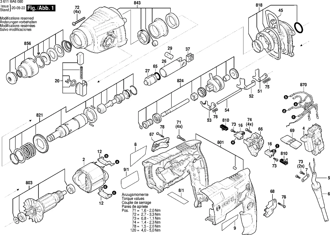 Bosch GBH 220 exploded view diagram 1 with part item numbers