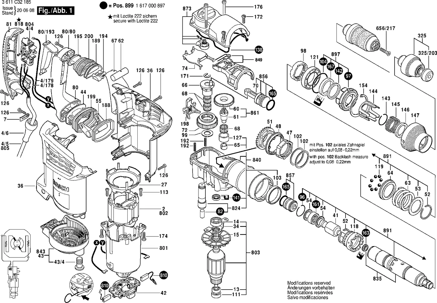 Bosch GBH 4-32 DFR exploded view diagram 1 with part item numbers