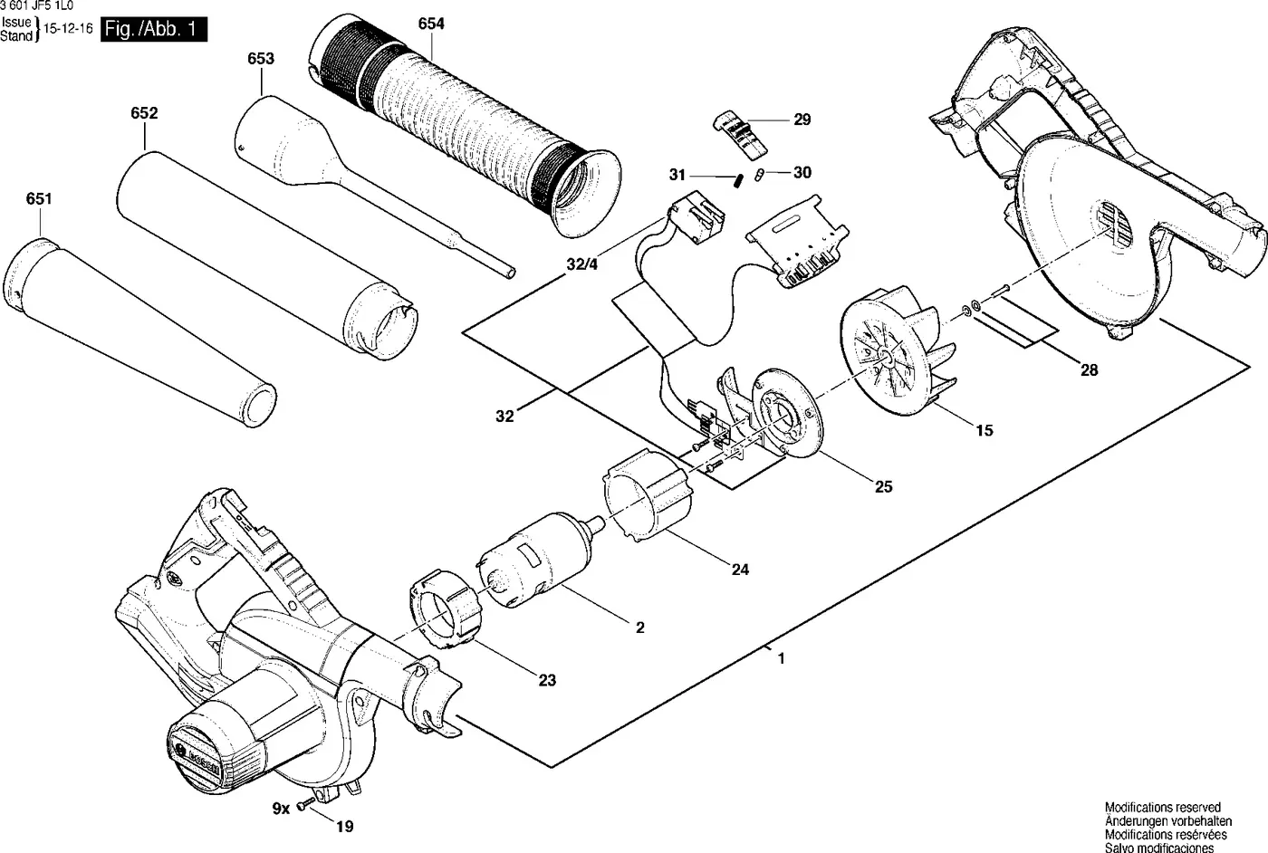 Bosch GBL 18 V-LI exploded view diagram 1 with part item numbers