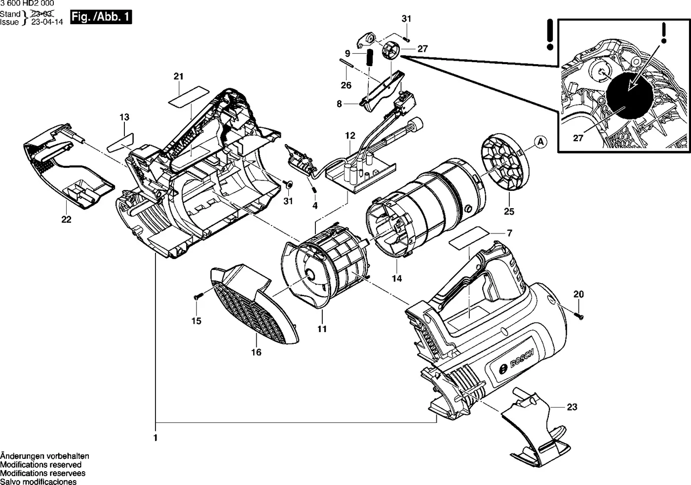 Bosch GBL 18V-750 exploded view diagram 1 with part item numbers