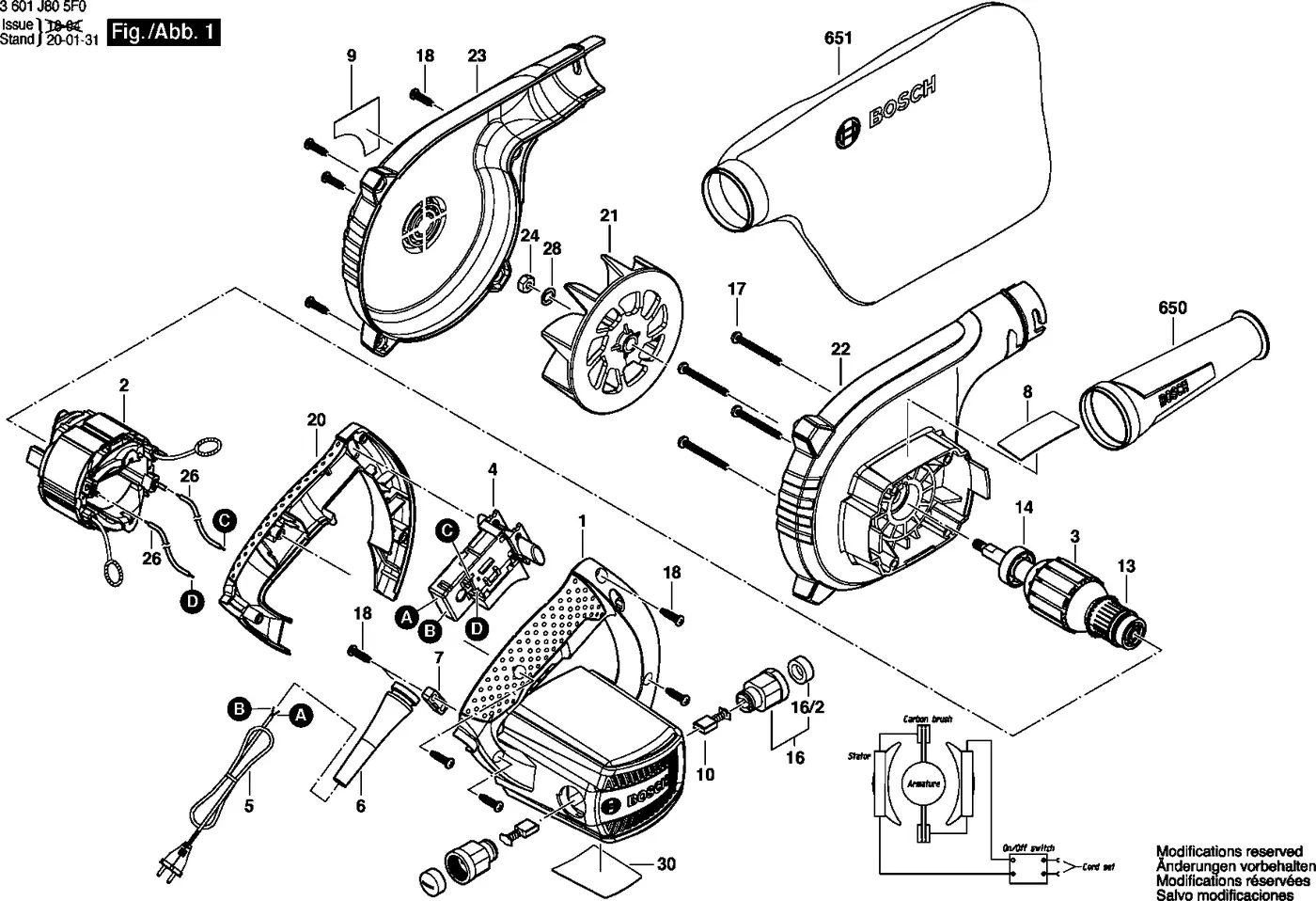 Bosch GBL 620 exploded view diagram 1 with part item numbers