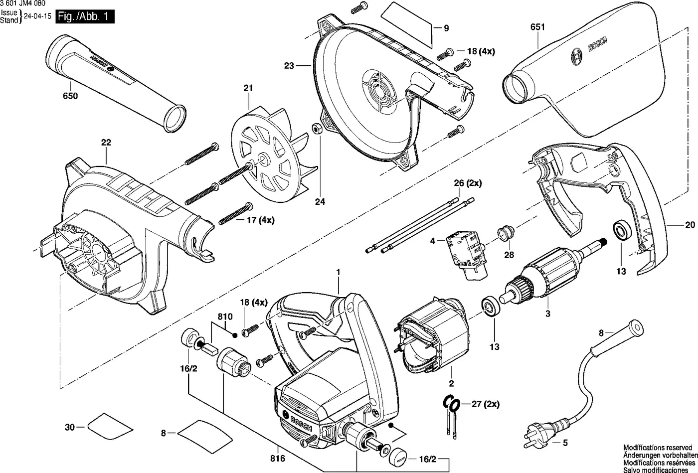 Bosch GBL 650 exploded view diagram 1 with part item numbers