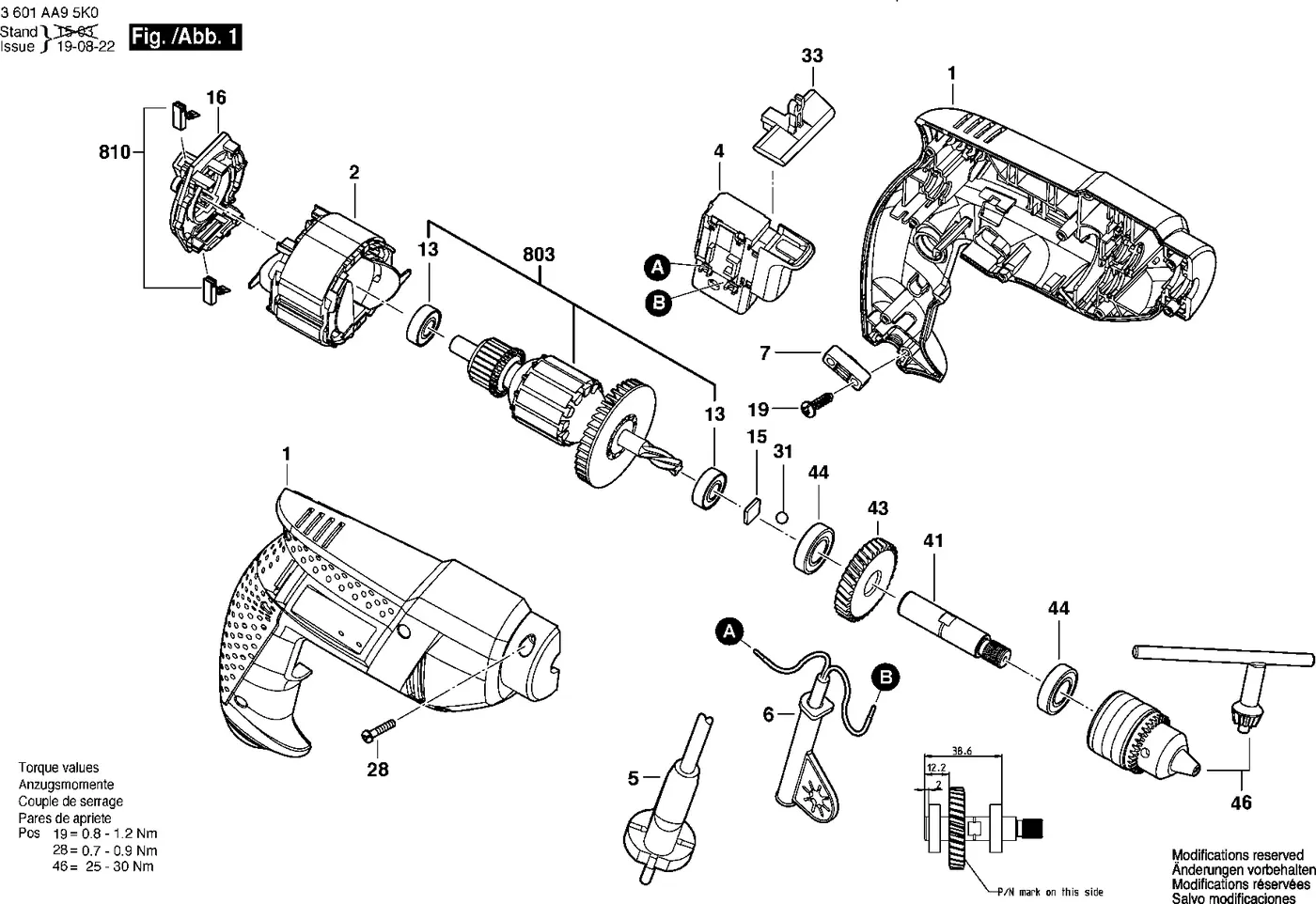 Bosch GBM 350 exploded view diagram 1 with part item numbers