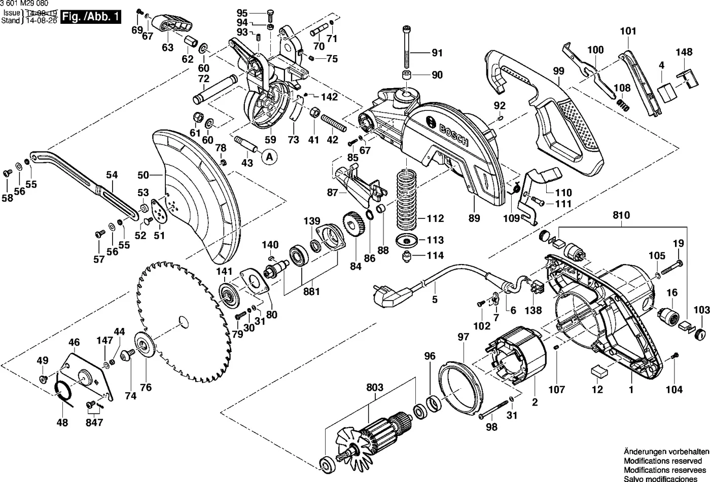 Bosch GCM 10 MX exploded view diagram 1 with part item numbers