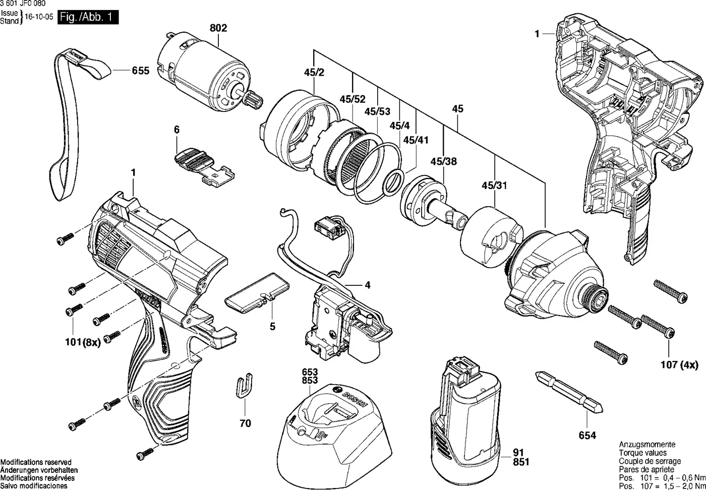 Bosch GDR 120-LI exploded view diagram 1 with part item numbers