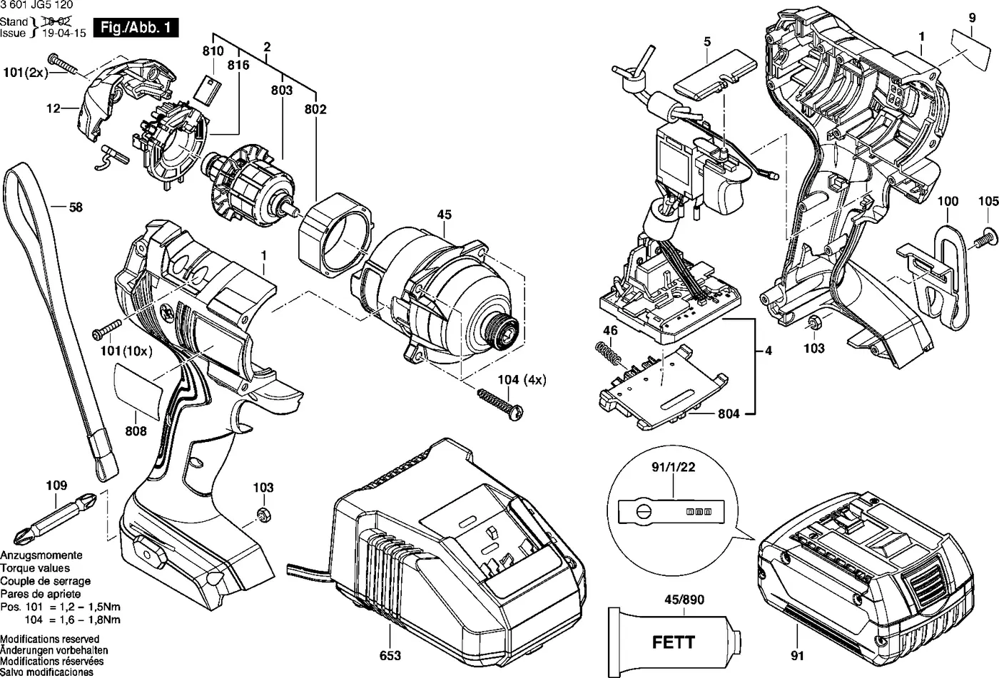 Bosch GDR 180-LI exploded view diagram 1 with part item numbers