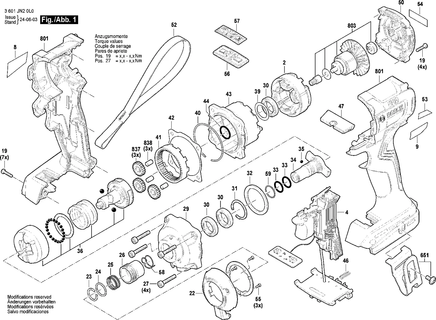 Bosch GDR 18V-215 exploded view diagram 1 with part item numbers