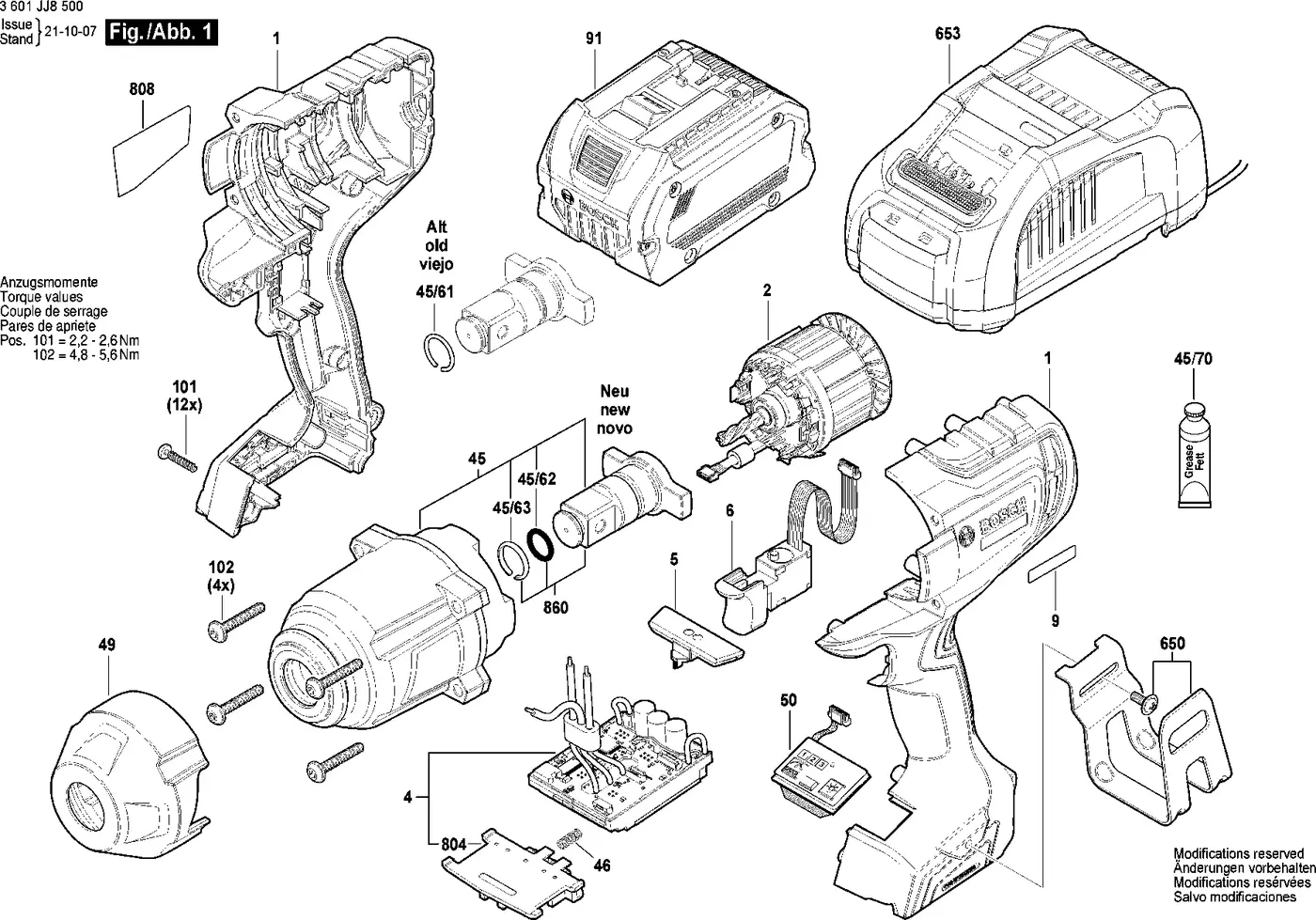 Bosch GDS 18V-1050 H exploded view diagram 1 with part item numbers