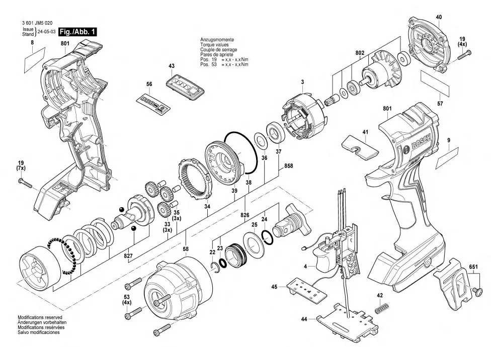 Bosch GDS 18V-350 exploded view diagram 1 with part item numbers