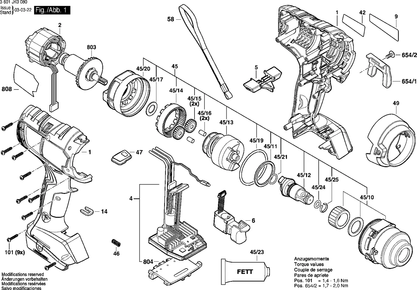 Bosch GDS 18V-400 exploded view diagram 1 with part item numbers