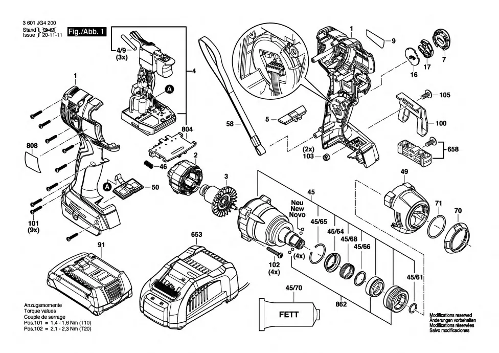 Bosch GDX 18V-200 C exploded view diagram 1 with part item numbers