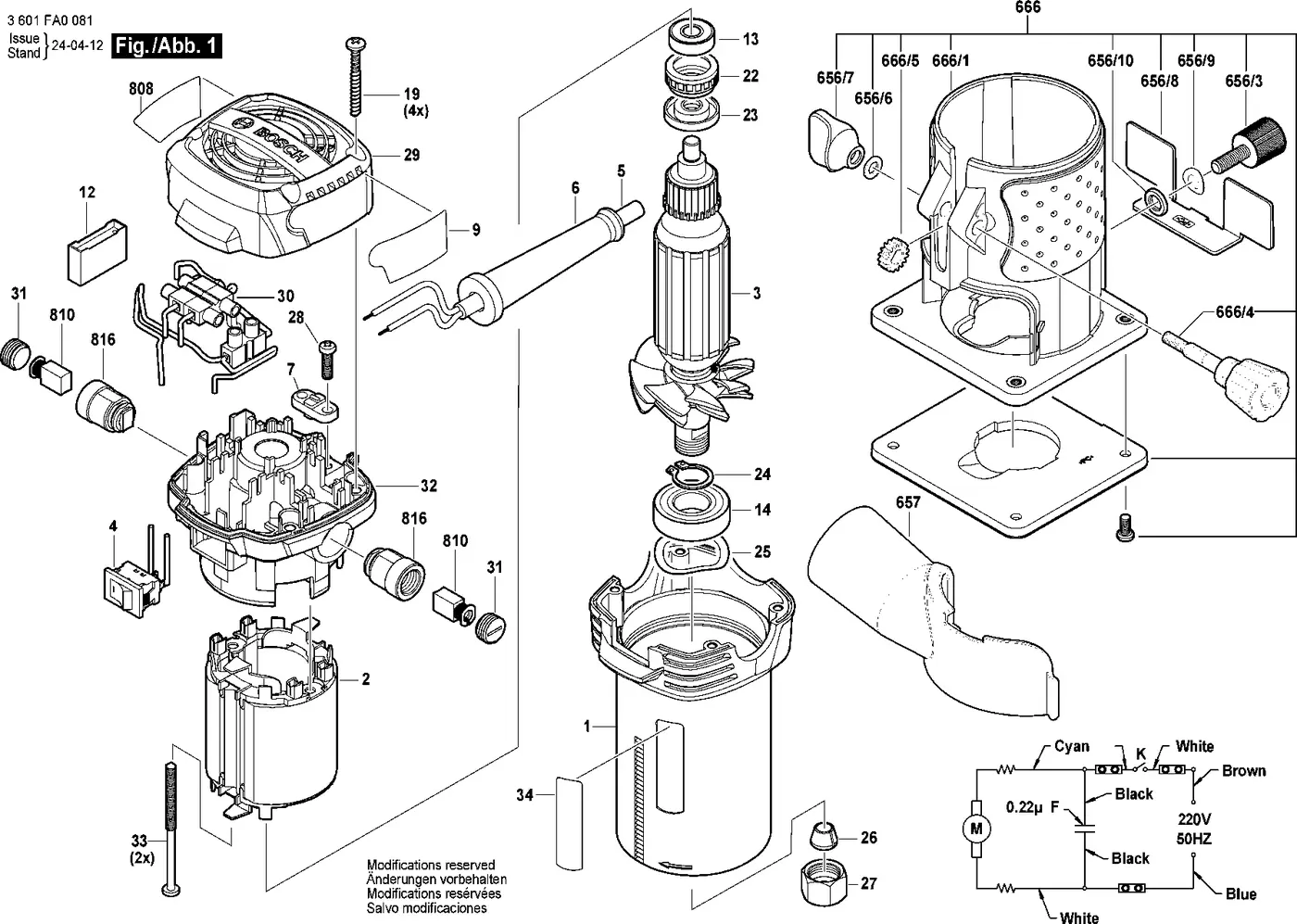 Bosch GKF 550 exploded view diagram 1 with part item numbers