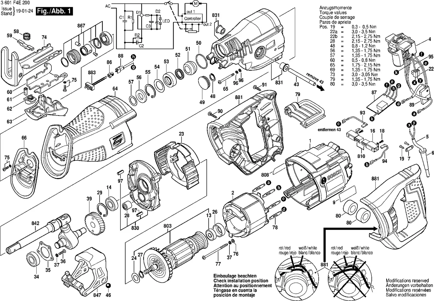Bosch GSA 1300 PCE exploded view diagram 1 with part item numbers