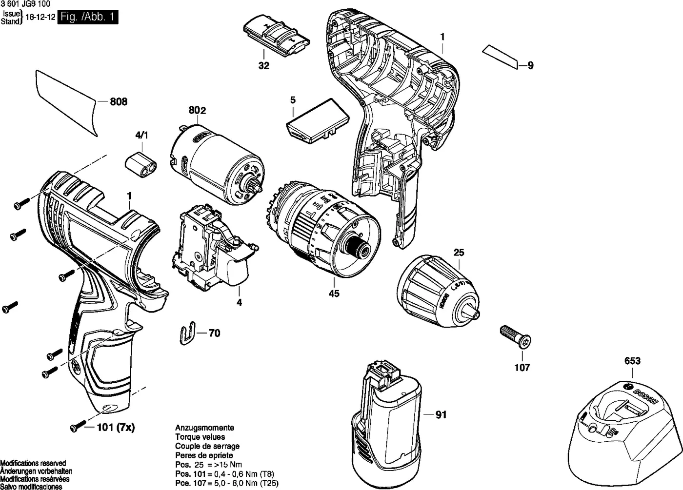 Bosch GSB 120-LI exploded view diagram 1 with part item numbers
