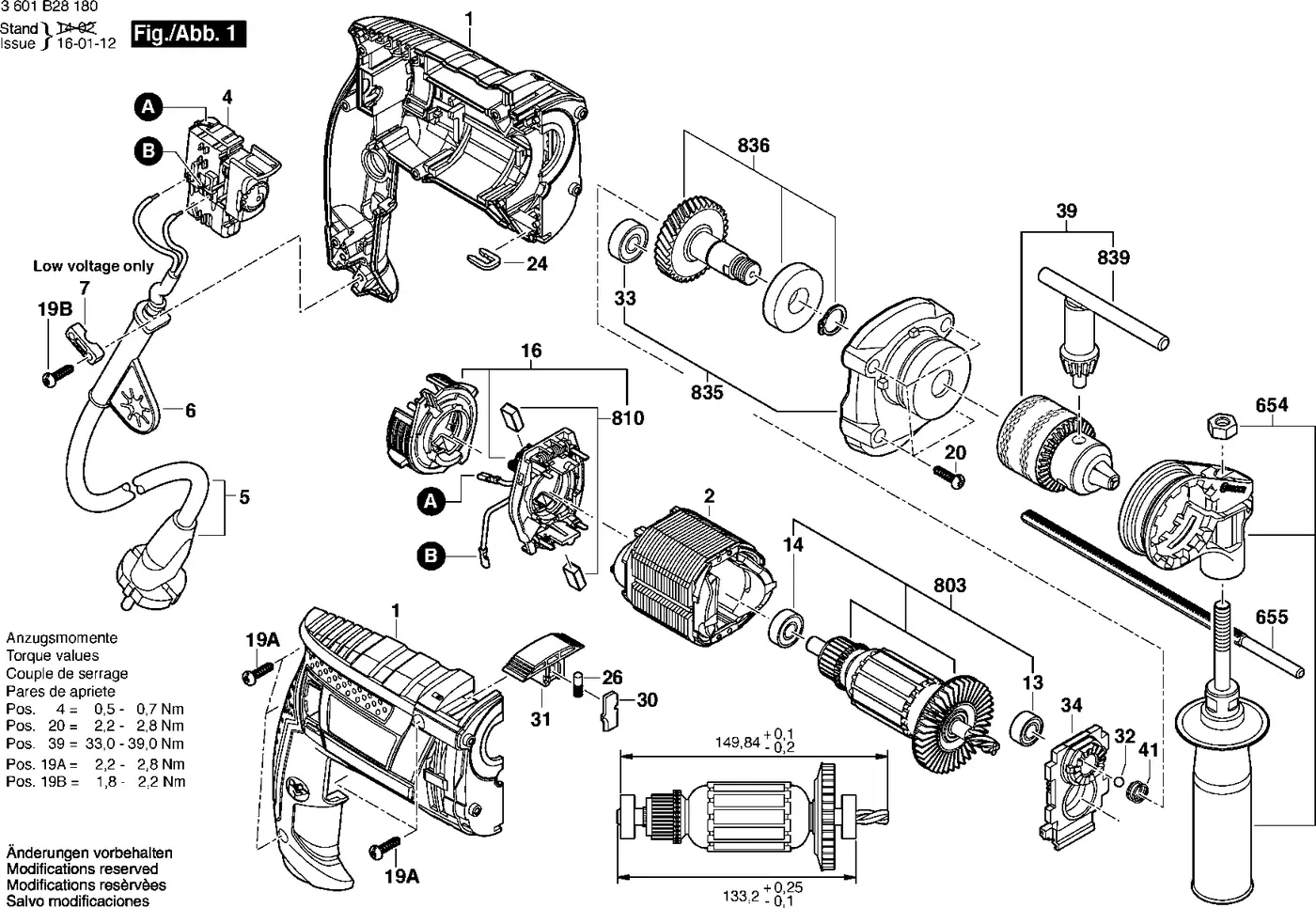 Bosch GSB 16 RE exploded view diagram 1 with part item numbers