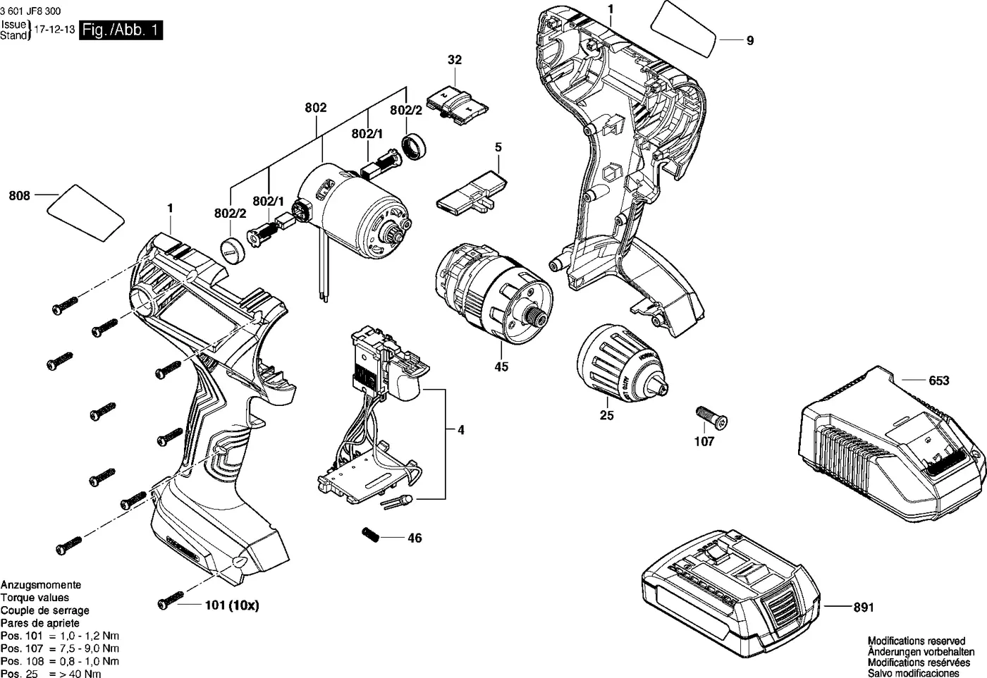 Bosch GSB 180-LI exploded view diagram 1 with part item numbers