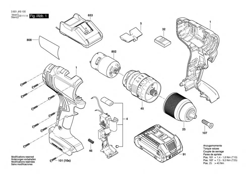 Bosch GSB 183-LI exploded view diagram 1 with part item numbers