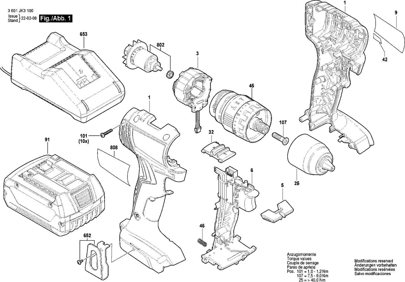 Bosch GSB 185-LI exploded view diagram 1 with part item numbers