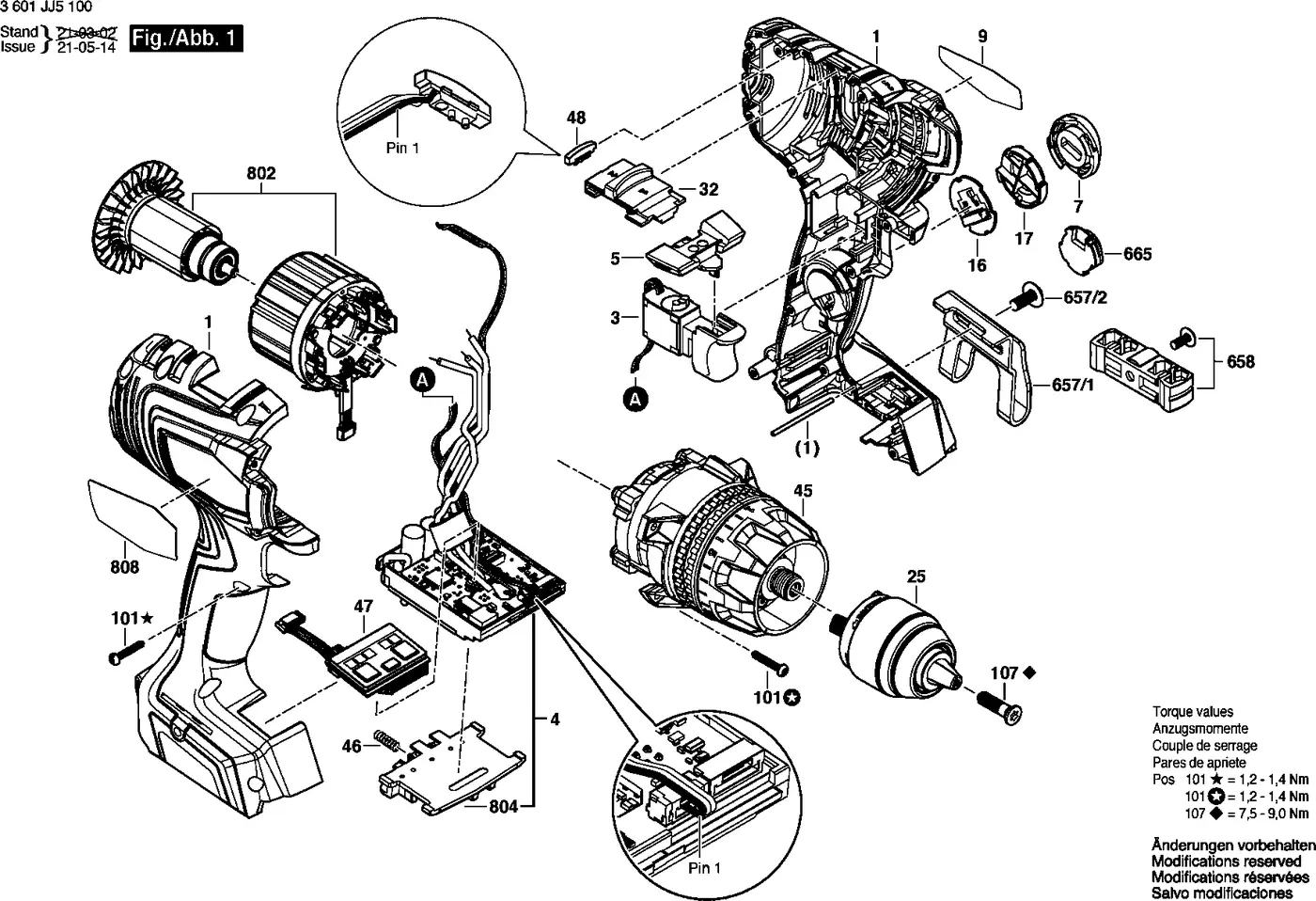 Bosch GSB 18V-150 C exploded view diagram 1 with part item numbers