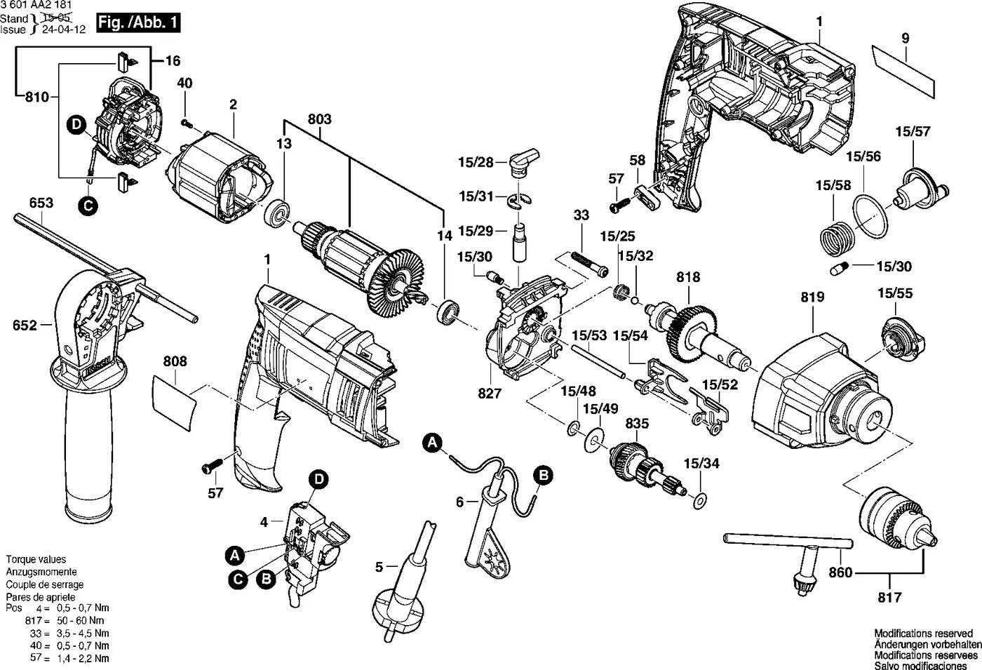 Bosch GSB 20-2 RE exploded view diagram 1 with part item numbers