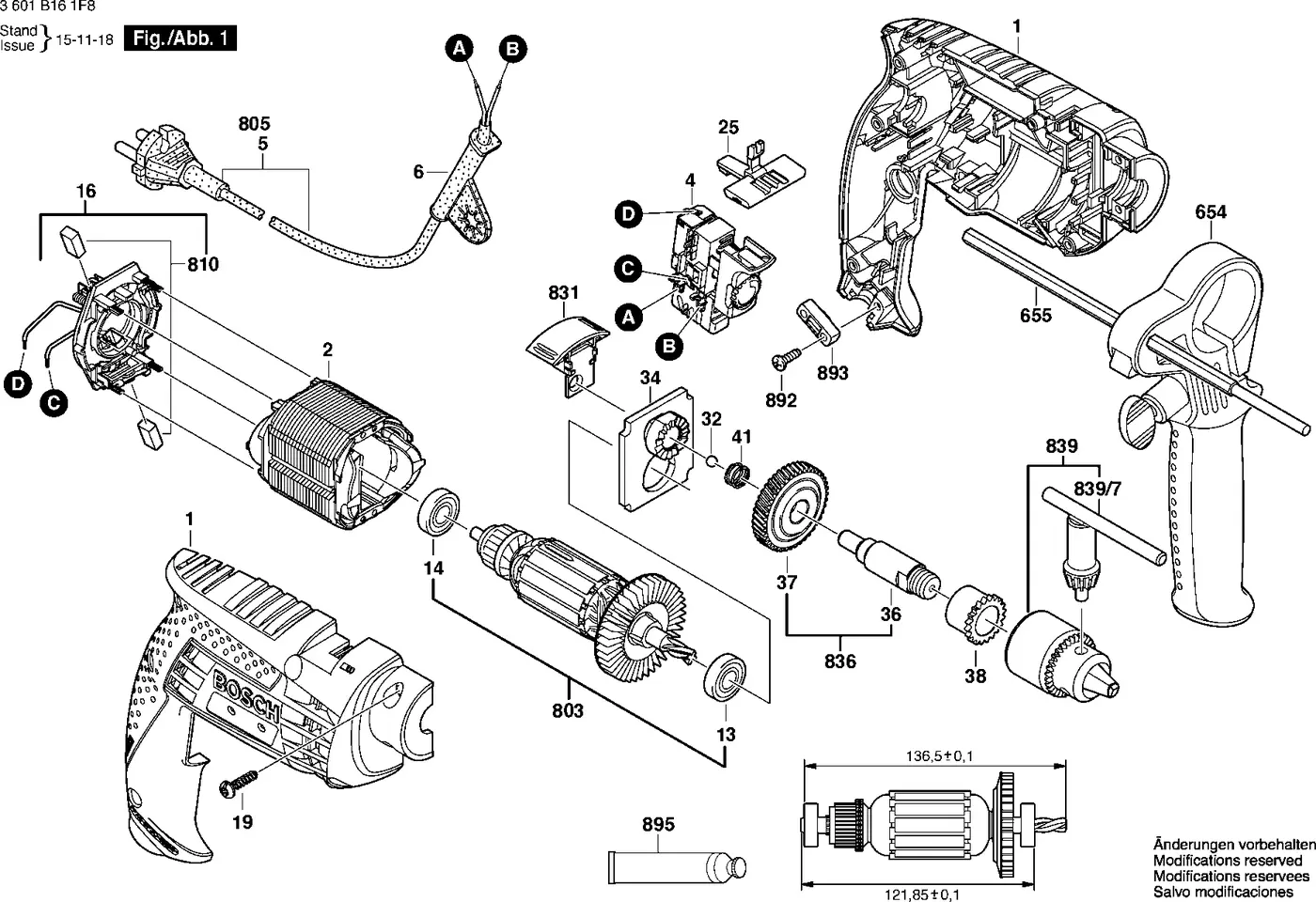 Bosch GSB 501 exploded view diagram 1 with part item numbers
