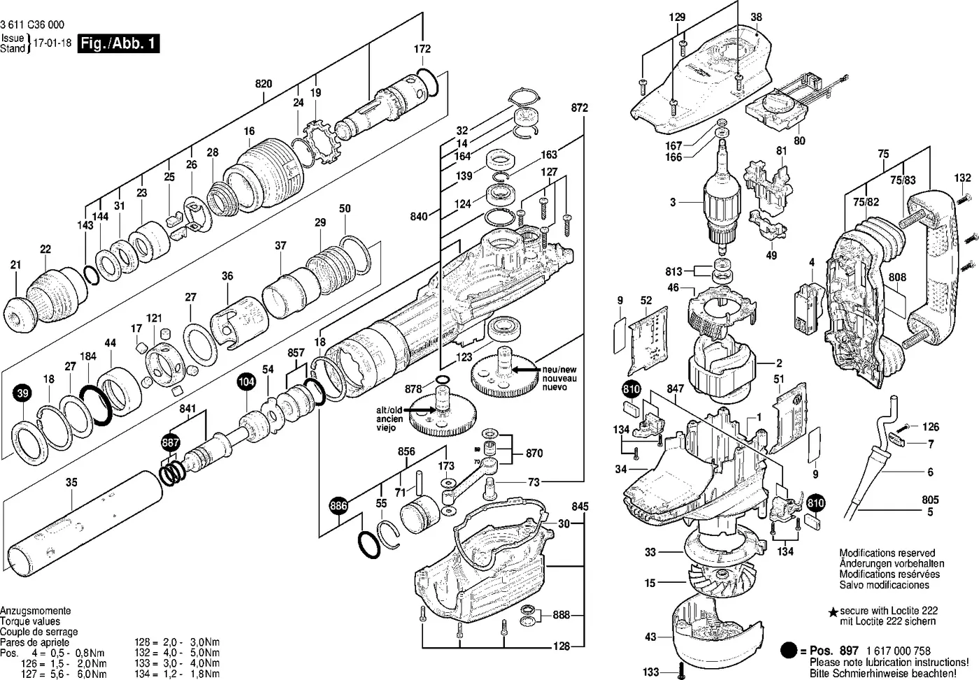 Bosch GSH 11 VC exploded view diagram 1 with part item numbers