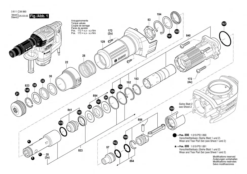 Bosch GSH 5 HX exploded view diagram 1 with part item numbers