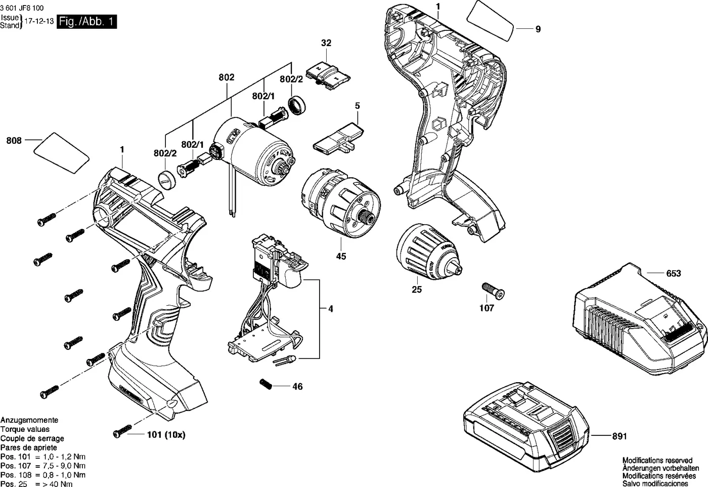 Bosch GSR 180-LI exploded view diagram 1 with part item numbers