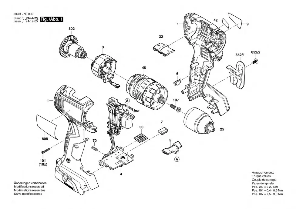 Bosch GSR 18V-65 exploded view diagram 1 with part item numbers