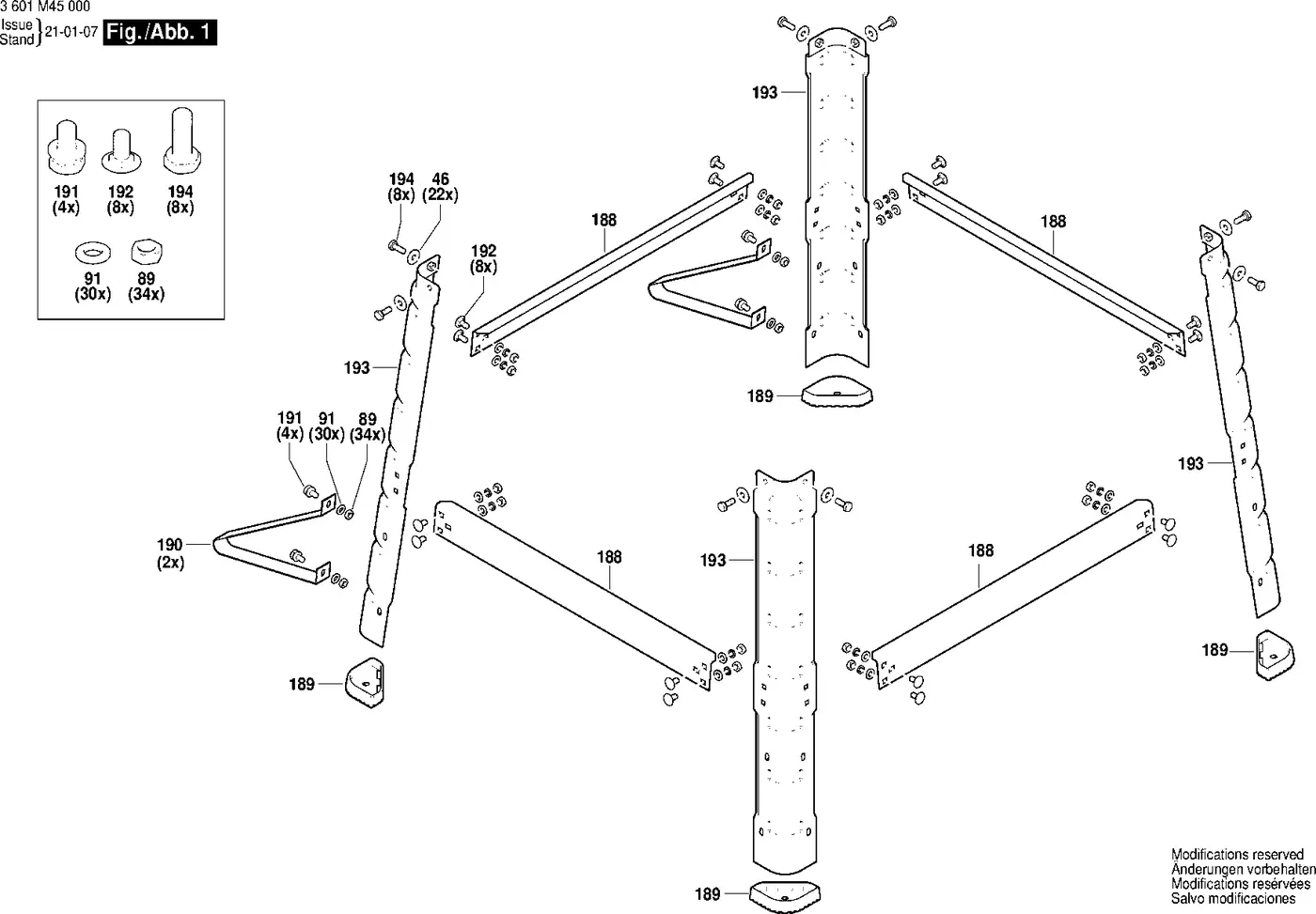 Bosch GTS 254 exploded view diagram 1 with part item numbers