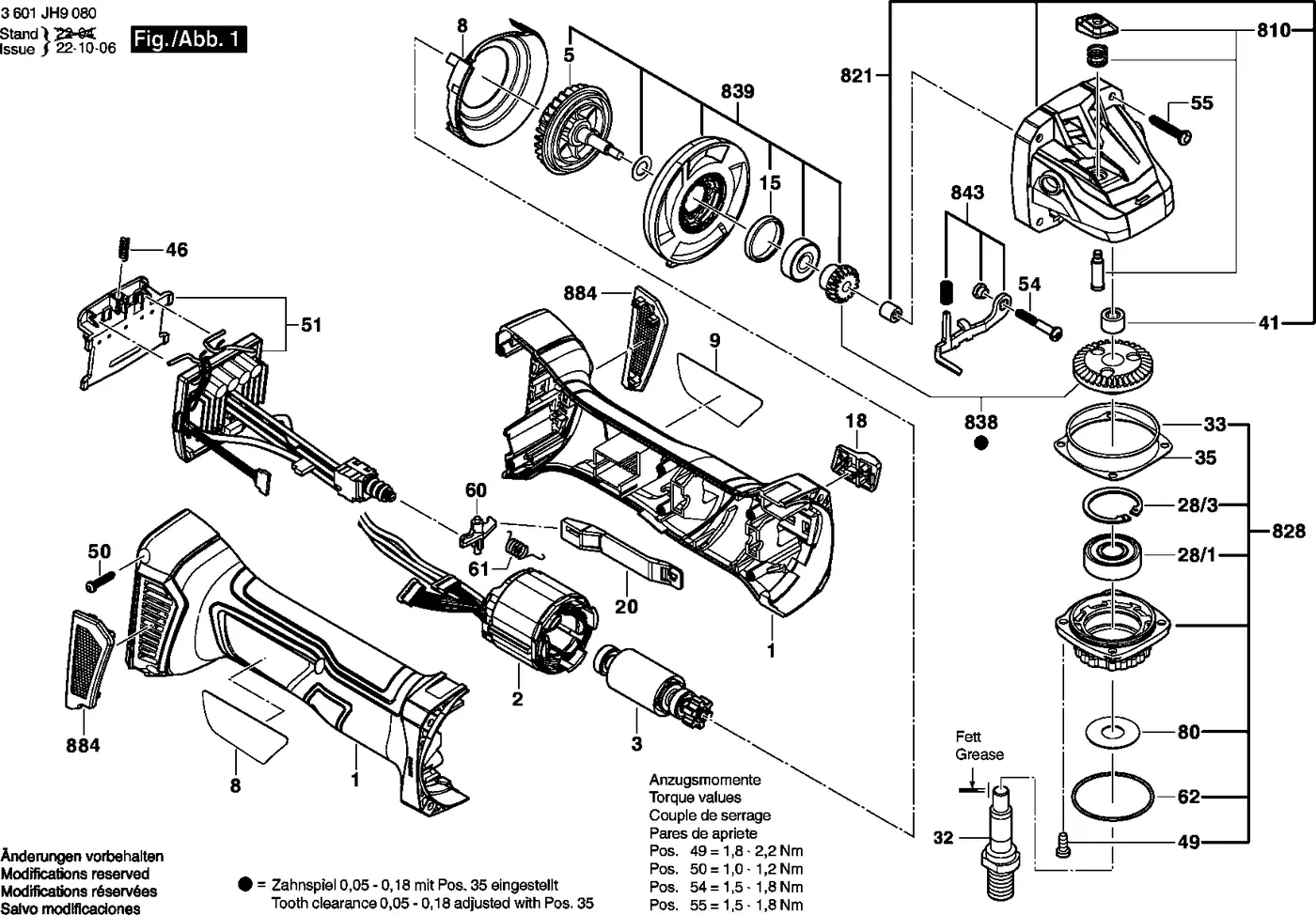 Bosch GWS 180-LI exploded view diagram 1 with part item numbers