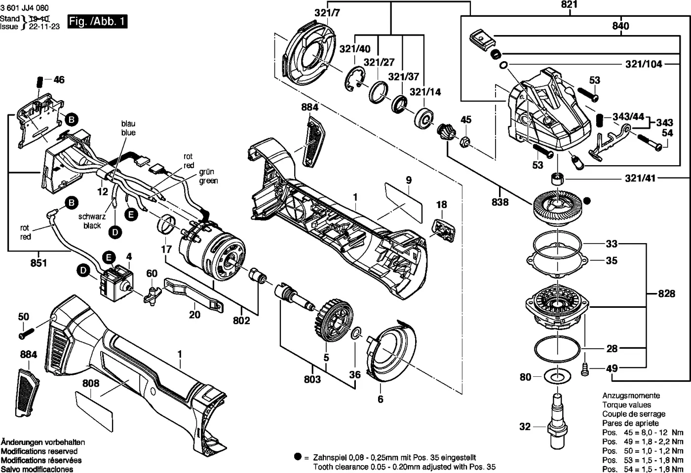 Bosch GWS 18V-10 (E) exploded view diagram 1 with part item numbers
