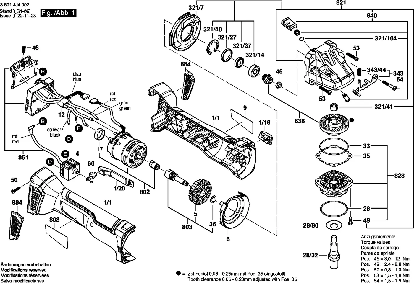 Bosch GWS 18V-10 exploded view diagram 1 with part item numbers