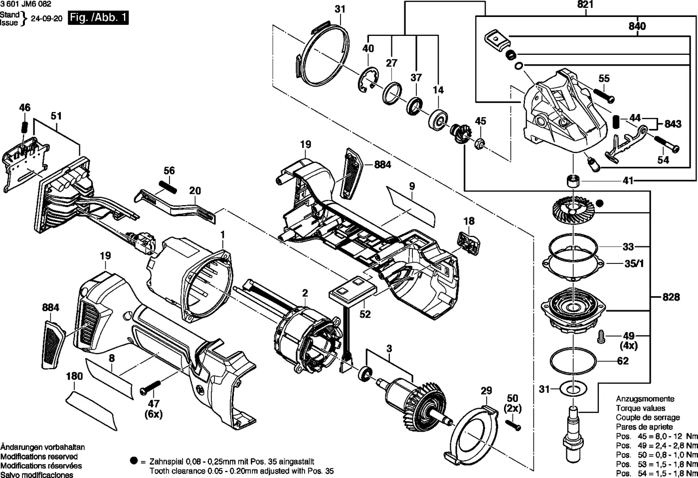 Bosch GWS 18V-15 S exploded view diagram 1 with part item numbers