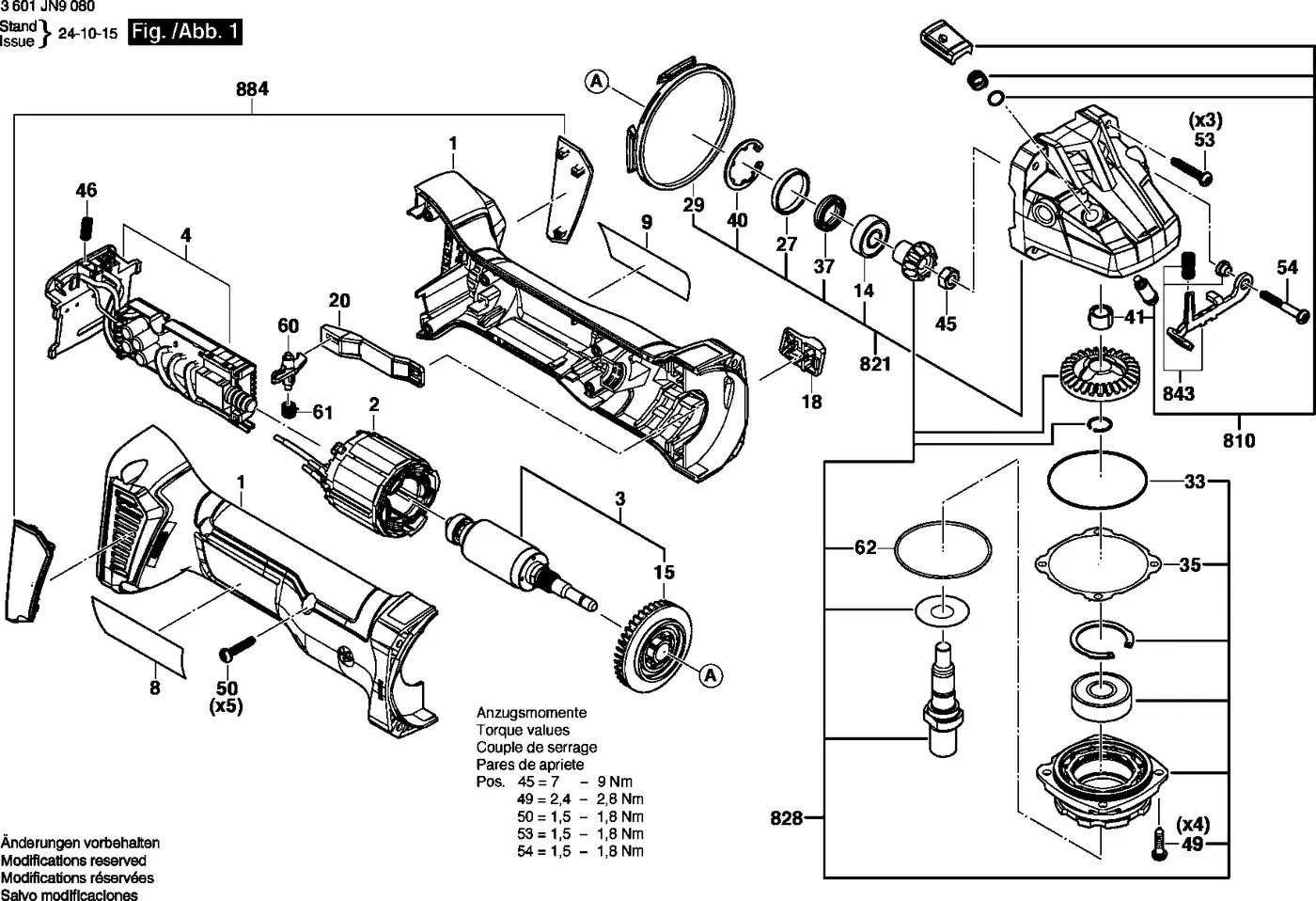 Bosch GWS 18V-8 exploded view diagram 1 with part item numbers