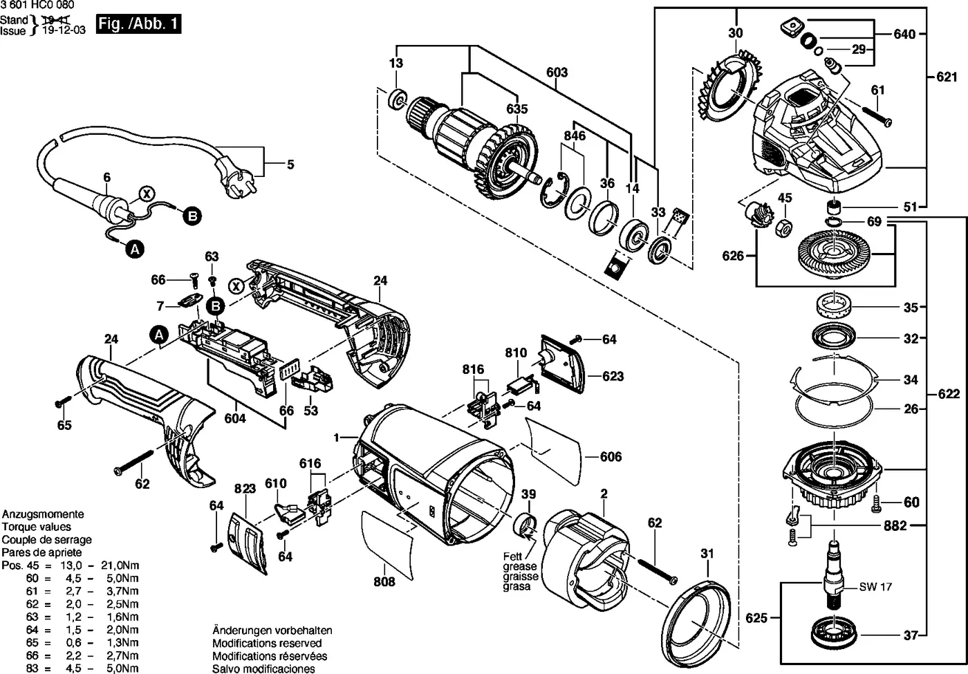 Bosch GWS 2200 exploded view diagram 1 with part item numbers
