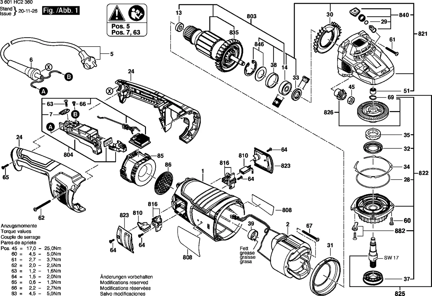 Bosch GWS 24-180 JZ exploded view diagram 1 with part item numbers