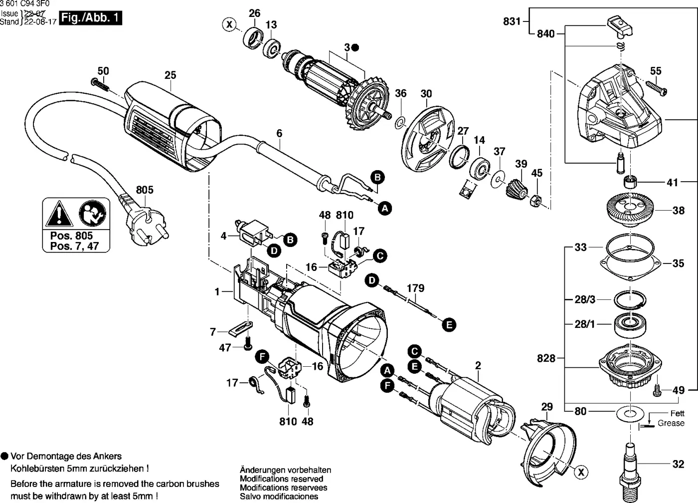 Bosch GWS 800 exploded view diagram 1 with part item numbers
