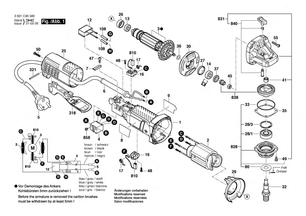 Bosch GWS 9-125 P exploded view diagram 1 with part item numbers