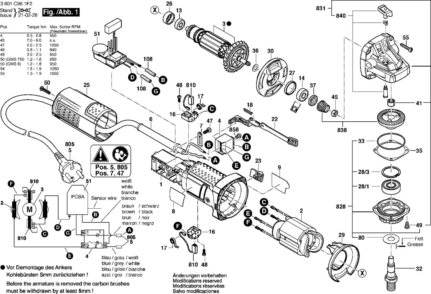 Bosch GWS 900-125 S exploded view diagram 1 with part item numbers
