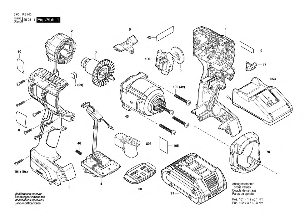 Bosch IDR 18V-125T exploded view diagram 1 with part item numbers